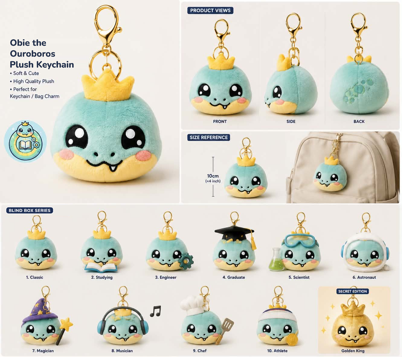 Obie the Ouroboros plush keychain — product views, size reference, and blind box series including Classic, Studying, Engineer, Graduate, Scientist, Astronaut, Magician, Musician, Chef, Athlete, and Golden King