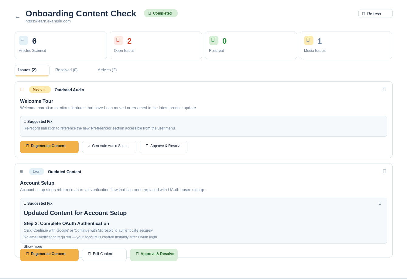 Continuity Intelligence content check showing detected issues with suggested fixes